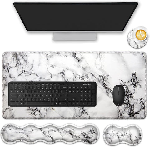 FGDRFGRW Mouse Pad Set,(31.5×11.8 in) Desk Pad + Keyboard Wrist Rest Support + Mouse Wrist Rest + Coaster for Office,Home,Computer,Laptop - 4 Marble