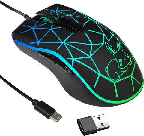 IULONEE Wired USB C Mouse for PC, Type C Silent Mouse with USB Receiver, 2400 DPI, 4 Adjustment Levels, Optical Computer Mice Compatible with MacBook, Notebook, Matebook All Type-C Device (R-Black)