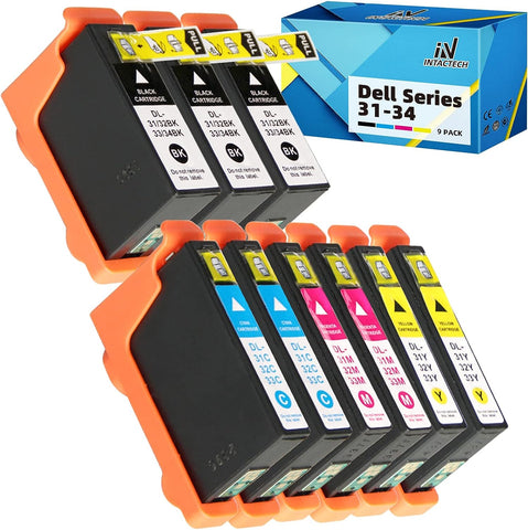 V525w V725w Printer Ink Cartridges Compatible with Dell Series 31 32 33 34 Ink (9-Pack, 3 Black, 2 Cyan, 2 Magenta, 2 Yellow, Intactech)