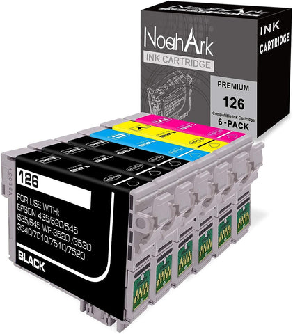 NoahArk 6 Pack T126 Remanufacture Ink Cartridge Replacement for Epson 126 T126 for Workforce 435 520 545 635 645 845 WF-3520 WF-3530 WF-3540 WF-7010 WF-7510 WF-7520 (3 Black 1 Cyan 1 Magenta 1 Yellow)