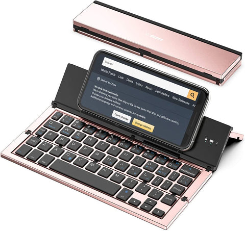 Geyes Folding Bluetooth Keyboard, Portable Travel Foldable Keyboard for iPhone Xs max/x/14/13 /12/11 Plus Pro/iPad/iPad Mini 4, Samsung Android Tablet Smart Phone (Rose Gold)