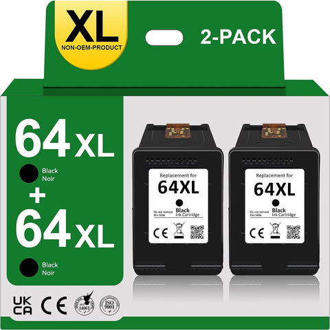 64XL Printer Ink for HP 64XL Black Ink Cartridge 2 Pack, Fit for HP Envy Photo 7855 7858 7640 7155 7800 6255 7158 7164 6222 6252 7134 7830 7864 7120 7130 Envy Inspire 7950e Tango X All-in-One Printer