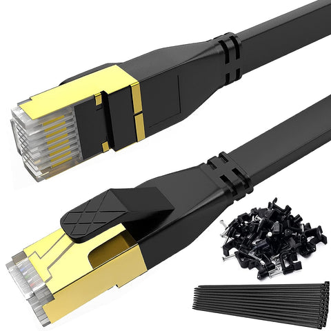 VMUND Cat 8 Ethernet Cable 100 Ft, High Speed Cat8 Flat Internet Cord 100 Foot, Outdoor Shielded Long LAN Network Patch Wire with Rj45 Connectors for Modem Gaming Laptop Computer PC, Black