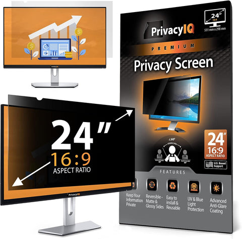 Privacy IQ 24" Inch 16:9 Monitor Privacy Screen-Filter for 60 Degree Privacy, Advanced Anti-Glare, UV Light Reduction & Blue Light Filter