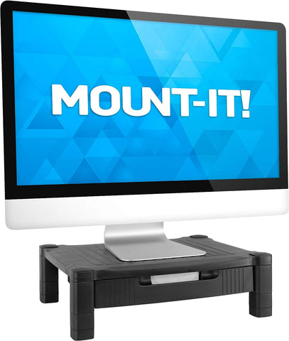 Mount-It! Monitor Riser with Drawer | Height Adjustable Monitor Stand with Sliding Three-Row Storage | Riser for Computer Screen, Printer, or Laptop | Black