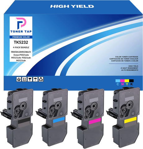 Toner Tap High Yield for Ecosys P5021cdw M5521cdw P5021cdn M5521cdn (4-Pack Bundle) Kyocera TK5232 TK-5232K TK-5232C TK-5232M TK-5232Y Compatible Color Cartridge Replacements