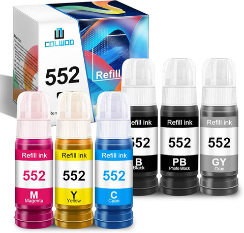 COLWOD Compatible Refill Ink Bottles Replacement for Epson 552 T552 Use with EcoTank Photo ET-8550 ET-8500 Printer (1Black, 1Photo Black, 1Cyan, 1Magenta, 1Yellow, 1Gray, 6 Packs)…