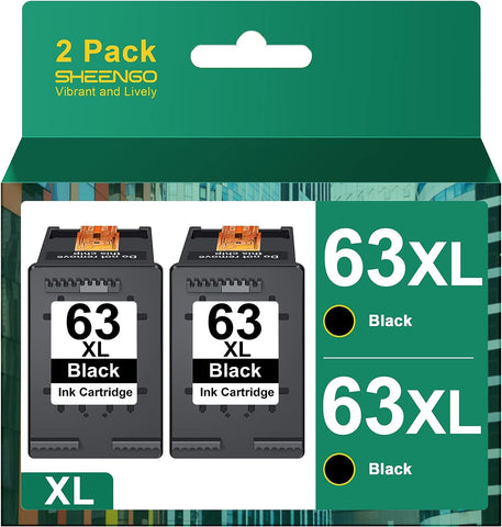 SHEENGO 63XL Black Ink Cartridge Replacement for HP 63 Works with DeskJet 1112, 2100 Series, 3600 Envy 4500 OfficeJet 3800 4600 5200 Series F6U62AN, 2 Pack