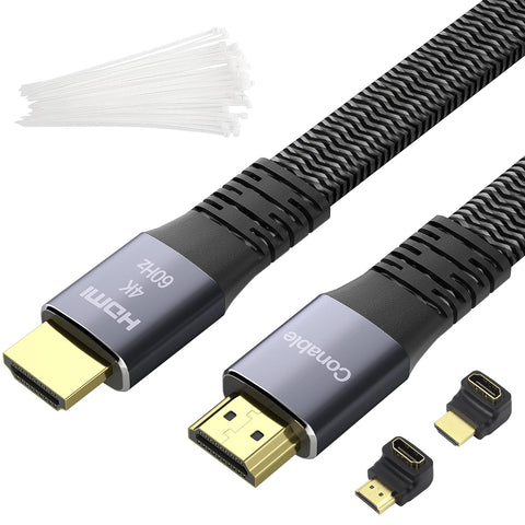 Flat HDMI Cable 20 Feet, 4K HDMI High Speed Braided Cord, Pure Copper, Supports 4K@60Hz 2160p 1080p HDR HDCP 2.2 ARC Full 3D (with 25 Ties and 2 HDMI Adapters)- 20FT