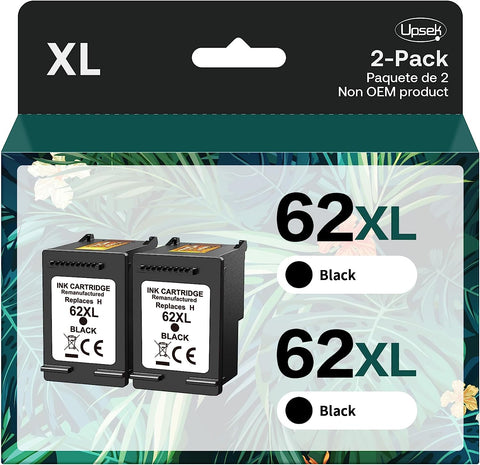 62XL Black Ink Cartridges Compatible Replacement for HP Ink 62 XL Work with HP Officejet 250, HP Envy 5660 7640 5540 5640 5541 5643 7643 7645 (2-Pack Black)