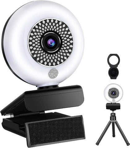 2K Streaming Webcam with Ring Light and Microphone (Support 1080P),Full HD Autofocus USB Webcam 30fps Plug and Play with Privacy Cover, Tripod for YouTube, Skype, Zoom, Twitch, and Video Calling