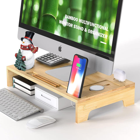 Computer Monitor Stand Riser - ForTidy 7-in-1 Laptop Shelf for Desk with Wireless Charger Station, Mug Holder & Stationery Container, Versatile Home & Office Desktop Organizer, 19.5" x 11.6" x 3.6"