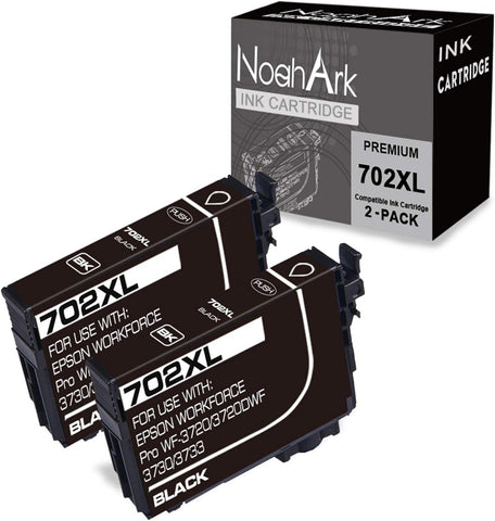 NoahArk 2 Packs 702XL Remanufacture Ink Cartridge Replacement for Epson 702 702XL T702 T702XL use for Epson Workforce Pro WF-3720 WF-3720DWF WF-3730 WF-3733 Printer (2 Black)