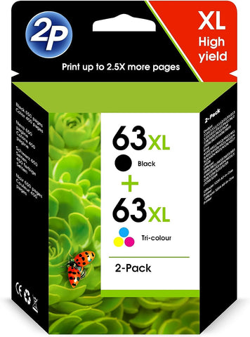J2INK 2 Pack #63 XL Black &Color Ink Cartridges for Envy 4520 4526 4512 4516 Officejet 3830 4650