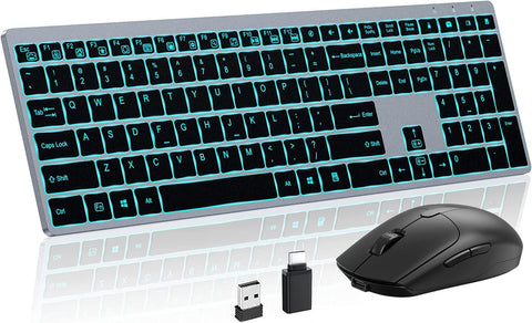 Wireless Keyboard and Mouse Combo Rechargeable, Full Size Wireless Keyboard with Backlit, 2.4G Silent USB Wireless Keyboard Mouse Combo [with USB C Adapter] for Windows, Mac OS Desktop/Laptop/PC