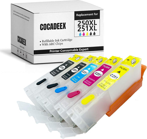 COCADEEX Empty Refillable Ink Cartridge Replacement for Canon PGI-250XL CLI-251XL,for Pixma MG5420 MG5422 MG5500 MG5520 MG5522 MG5620 MG5622 MG6420 MG6620 MX722 MX920 MX922 IP7220 IX6820 Printer