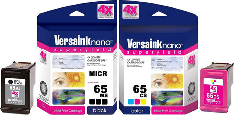 VersaInk-nano HP 65 MS MICR Black Ink Cartridge for Check Printing & VersaInk-Nano 65 CS Tri-Color Ink Cartridge Pack, Cyan, Yellow, Magenta, Black