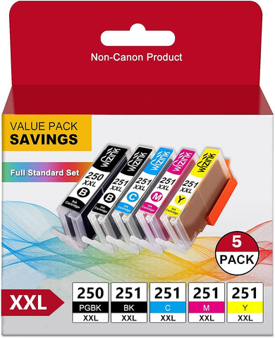 WIZINK Printer Ink 250 and 251 cartridges MX922 Ink Cartridges 250 pgbk CLI-251 XL Ink cartridges for PIXMA IX6820 MX920 IP8720 MG5520 MG5420 MG7520 MG7120 MG6320 IP7220 Printer, 5 Pack