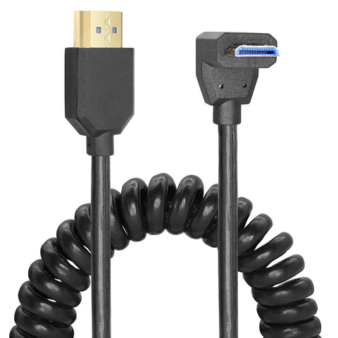 YACSEJAO Coiled HDMI Cable Right Angled 8K 48Gbps HDMI 2.1 Mini HDMI to HDMI Male Telescopic Cable High Speed (Up Angle)