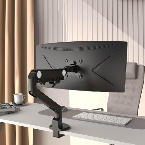 LOUEVED Single Monitor Desk-Mount-Arms?Aluminuml Flexible Gas Spring Monitor Stand Height Adjustable Desk Mount VESA Bracket up to 35 Inch Flat / Curved LCD Computer Screens with C Clamp, Grommet Base