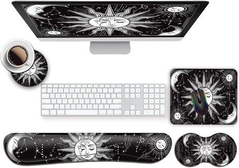 Black Mouse Pad with Stitched Edge, Non-Slip Rubber Base Mythic Celestial The Sun and Moon Twelve Constellations, for Computer, Office, Easy Typing Keyboard Wrist Rest and Mouse Wrist Rest Support