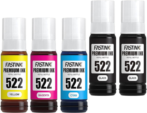 FASTINK Compatible Epson T522 Refill Ink Bottle,High Capacity,5 Pack,Work with EcoTank ET-2720, ET-2800,ET-2803,ET-4800,ET-4700 Printer for Epson 522 Ink Bottle Refill Combo