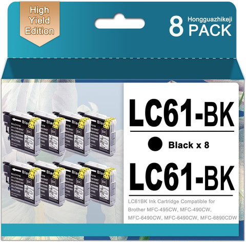 LC61 Compatible Ink Cartridges Replaccement for Brother LC61 LC61BK LC-61 Black High Yield Ink Used for Brother MFC-495CW, MFC-490CW, MFC-6490CW, MFC-6490CW, MFC-6890CDW (8 Black)
