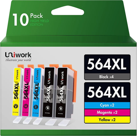 Uniwork Compatible Ink Cartridge Replacement for HP 564 564XL Replacement for Photosmart 6520 5520 4620 5510 C410a 6525 5514 OfficeJet 7510 4620 DeskJet 3522 Printer Tray (4BK/2C/2M/2Y) 10 Pack