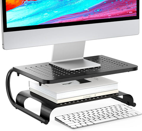 WALI Monitor Stand Riser, Computer Desktop Stand Riser Holder, Vented Metal 2 Tier Desk Shelf for Desk Organizer (STT001B), 1 Pack, Black