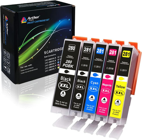 Arthur Imaging Compatible Canon Ink cartridges 280 and 281 Replacement PGI-280XXL CLI-281XXL PGI 280 XXL CLI 281 XXL PIXMA TR7520 TR8520 TS6120 TS6220 TS8220 TS9120 TS9520 TS9521C Printer (5 Pack)