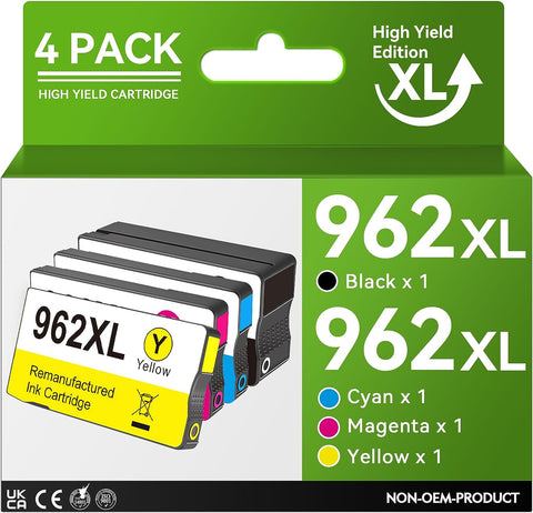 962 Ink Cartridges for HP Ink 962XL Black and Color Combo Pack, Fit for HP OfficeJet 9012 Pro 9015 9025 9018 9010 9020 Premier 9016 9019 9013 9012 9022 Printer (1 Black 1 Cyan 1 Magenta 1 Yellow)