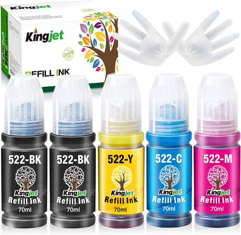 Kingjet Compatible T522 522 Refill Ink Replacements for Epson 522 Use with Expression ET-2710 ET-2720 ET-4700 EcoTank (2 Black, 1 Cyan, 1 Magenta, 1 Yellow) - 5 Pack