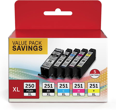 PGI-250XL CLI-251XL 5 Color Value Pack, Compatible for Canon 250 251 Ink Cartridges to use with PIXMA MX922, MG5420, MG5520, MG5522, MG6320, MG6620, iP7220 (PGBK, Black, Cyan, Magenta, Yellow)