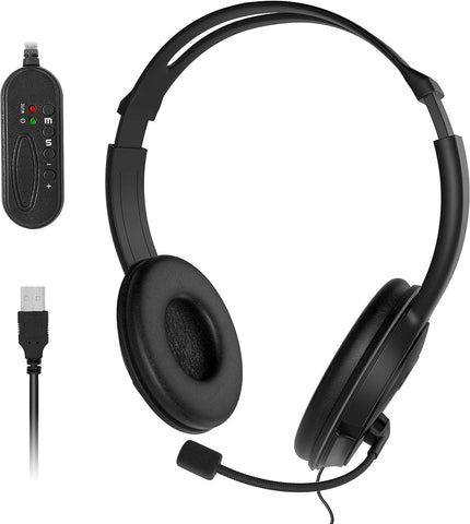 Maxshop USB Computer Headset with Microphone, Comfort-fit Office Computer Headphone with On-Line Volume Control, Over-The-Head Headset for Webinar Laptop Call Center Students Online Study (USB Jack)