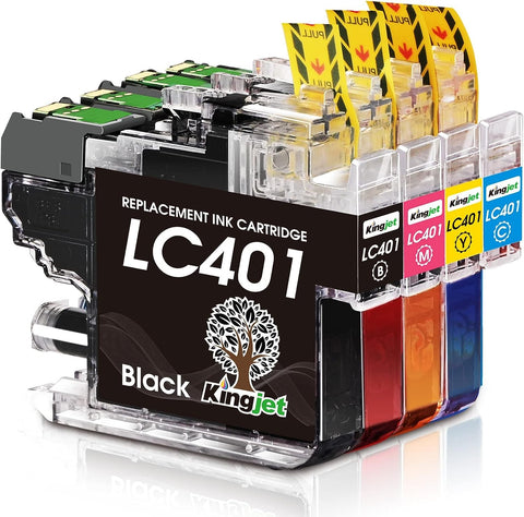 Kingjet Compatible LC401 Ink Cartridges for Brother Printer Replacement for Brother LC401 LC401XL LC401 XL for Brother MFC-J1010DW MFC-J1012DW MFC-J1170DW Printer, 4 Pack (Black/Cyan/Magenta/Yellow)