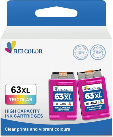 Relcolor 63XL Color Ink Cartridges 2 Pack Replacement for HP 63 XL HP63 HP63XL Compatible with Officejet 3830 4650 4652 4655 5200 5252 5255 5258 Envy 4520 4512 Deskjet 1112 2132 3630 3632 Printer