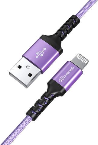 Tera Grand - Apple C89 MFi Certified Lightning to USB Braided Cable for iPhone 14/13/12/11 Pro Pro Max Plus Mini, SE XS Max XR X, 8/7/6 Plus, iPad, AirPods, 4 Ft Purple