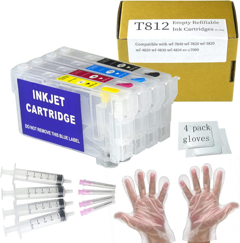 812 812XL T812XL Refillable Ink Cartridges No Chip 802 802XL T802 Replacement Sublimation Ink Cartridges Without Chip & Ink for WF-7820 WF-7830 WF-7840 WF-7310 WF-7835 WF-7845 EC-C7000 Printers