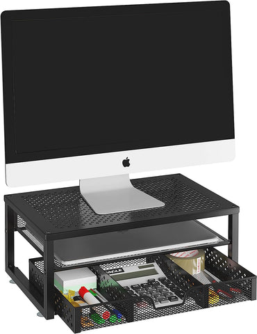 Simple Trending-Metal Monitor Stand Riser and Computer Desk Organizer with Drawer for Laptop, Computer, iMac, Black