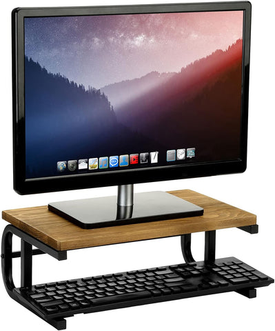 MyGift Rustic Burnt Solid Wood Desk Monitor Stand Riser and Desktop Laptop Stand with Black Metal Frame