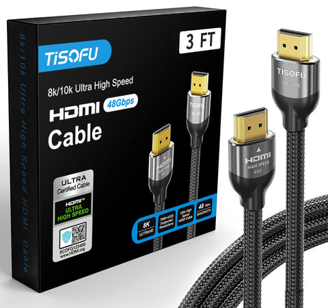 TISOFU [Ultra Certified 8K HDMI Cable 3FT: HDMI 2.1 Cables 48Gbps High Speed Premium Braided Cord 8K@60Hz 4K@120Hz 4K@144Hz HDCP 2.2&2.3 CL3 ARC eARC Dolby - HD/HDR/HDTV/PS5/PS4/Xbox