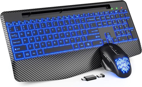 Keyboard and Mouse Wireless with 7 Color Backlit, Wrist Rest, Jiggler Mouse, Phone Holder, Ergonomic Light Up Rechargeable Quiet Full-Size Combo with Lighted Keys for Computer Laptop Mac by Choiana