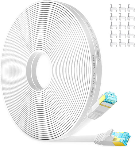 Cat 6 Ethernet Cable 100 ft White,Slim Long Internet Network Lan patch cords,Flat Solid Cat6 High Speed Computer wire with clips & Rj45 Connectors for Router,modem,Gaming,Outdoor&Indoor - 100 feet
