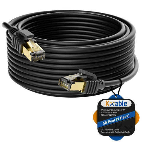 Cat 7 Ethernet Cable 50 Feet, Long High Speed Internet Cord, CAT7 RJ45 LAN Network Cable, Triple Shielding SFTP 10Gbps 600Mhz Patch Cable, Compatible with CAT6A CAT6 CAT5E CAT5 Cable