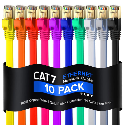 Cat 7 Ethernet Cable 1 ft - with a Flat, Space-Saving Design High-Speed Internet & Network LAN Patch Cable, RJ45 Connectors - [1ft / Multicolor / 10 Pack] - Perfect for Gaming, Streaming, and More!