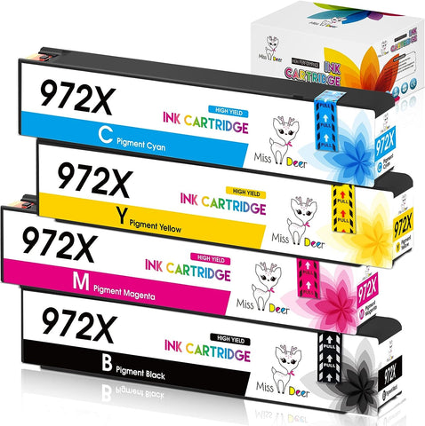 Miss Deer Compatible 972X Ink Cartridges Replacement for HP 972 X 972A High Yield Work for HP PageWide Pro 477dw 577dw 452dn 452dw 477dn 552dw MFP P55250dw P57750dw Printers 4-Pack (BK/C/M/Y)