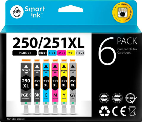 Smart Ink Compatible Ink Cartridge Replacement for Canon PIXMA CLI-251XL PGI-250XL PGI 250 CLI 251 (1PGBK & 1BK/C/M/Y/GY 6 Combo Pack) to use with iP8720 MG6320 MG7120 MG7520