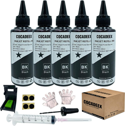 COCADEEX 5 Bottles Black Ink Refill Kit Compatible with Ink Cartridges 67XL 65XL 64XL 63XL 62XL 61XL 60XL 667XL 664XL 662XL 21XL 56XL 901XL 67 65 64 63 62 61 60 21 901-500ml Black Ink