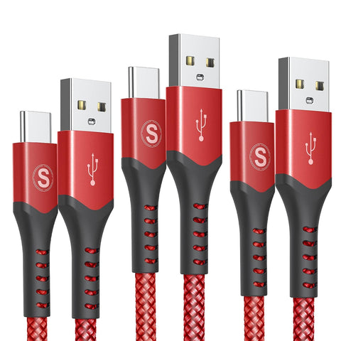 sweguard USB Type C Cable 3.1A Fast Charging [3Pack,10ft+6.6ft+3.3ft], USB-A to USB-C Charger Nylon Braided Cord for Samsung Galaxy S21 S20 S10 S9 S8 Plus,Note 20 10 9 8 7,A71 A51 A32,LG,Moto,PS5-Red
