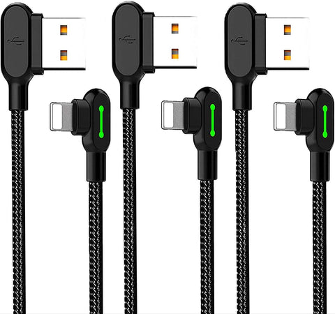 mcdodo USB 90 Degree Right Angle Design Gaming LED 10FT/3M Nylon Braided Sync Charge Double Size USB Reversible Data Cable Compatible New Phone/Pad/Pod List Below(3 Pack Black, 10FT)